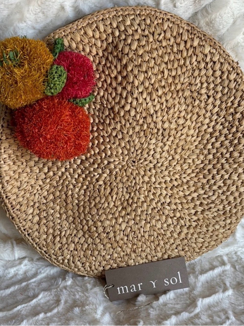 mar y sol Natural Straw Round Clutch with Colorful Pom Pom Accents